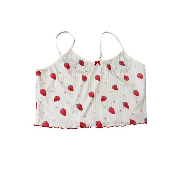 Strawberry Print Ribbed Cami Crop Top Women’s XL White Red Lettuce Hem - Picture 2 of 5